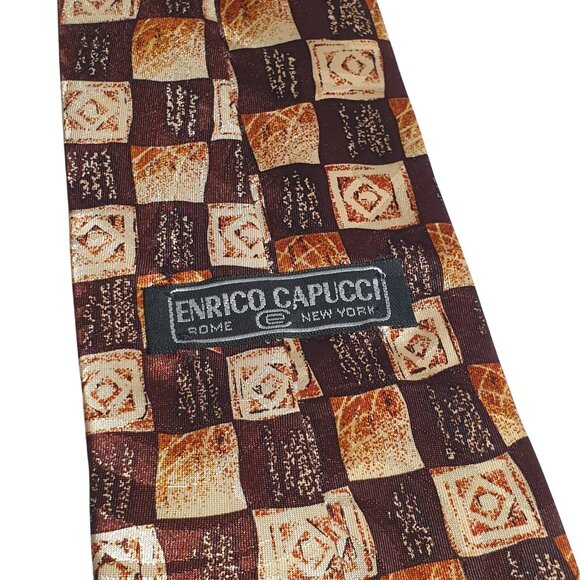 Enrico Capucci Geometric Necktie Brown Beige Checkered Design 100% Polyester Mad - Picture 4 of 5
